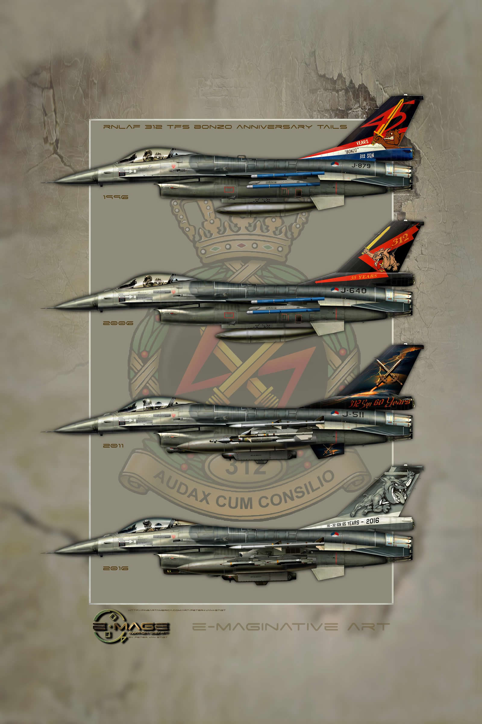 Real Dutch F-16 Tails by Peter van Stigt J-879, J-640, J-511, J-001